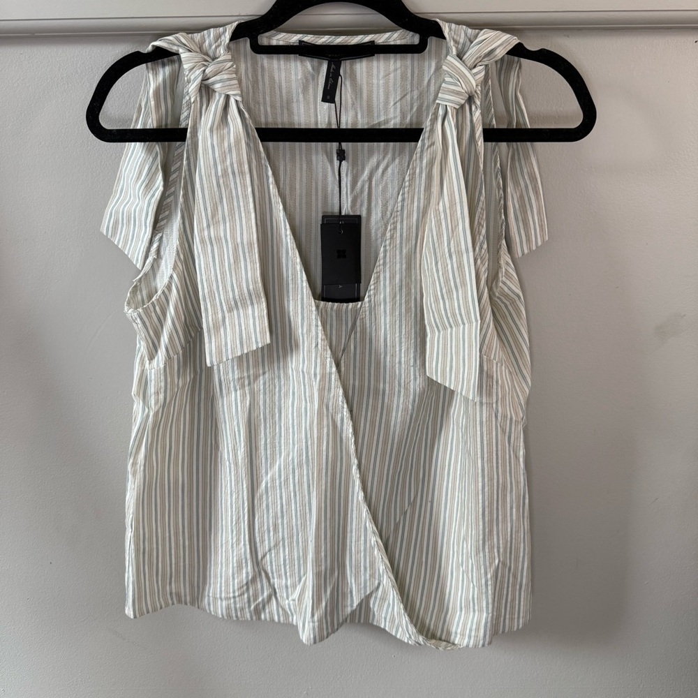 BCBG Striped Sleeveless Top Tie Shoulder V Neckline
